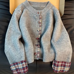 假两件韩系圆领拼接格子毛衣女2025秋冬新款宽松休闲针织开衫上衣