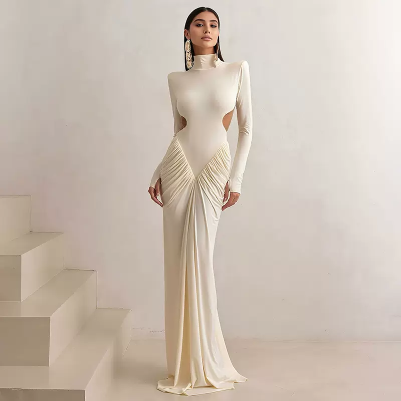 跨境欧美2025秋季新款女装纯色长袖高领气质修身褶皱露背长连衣裙