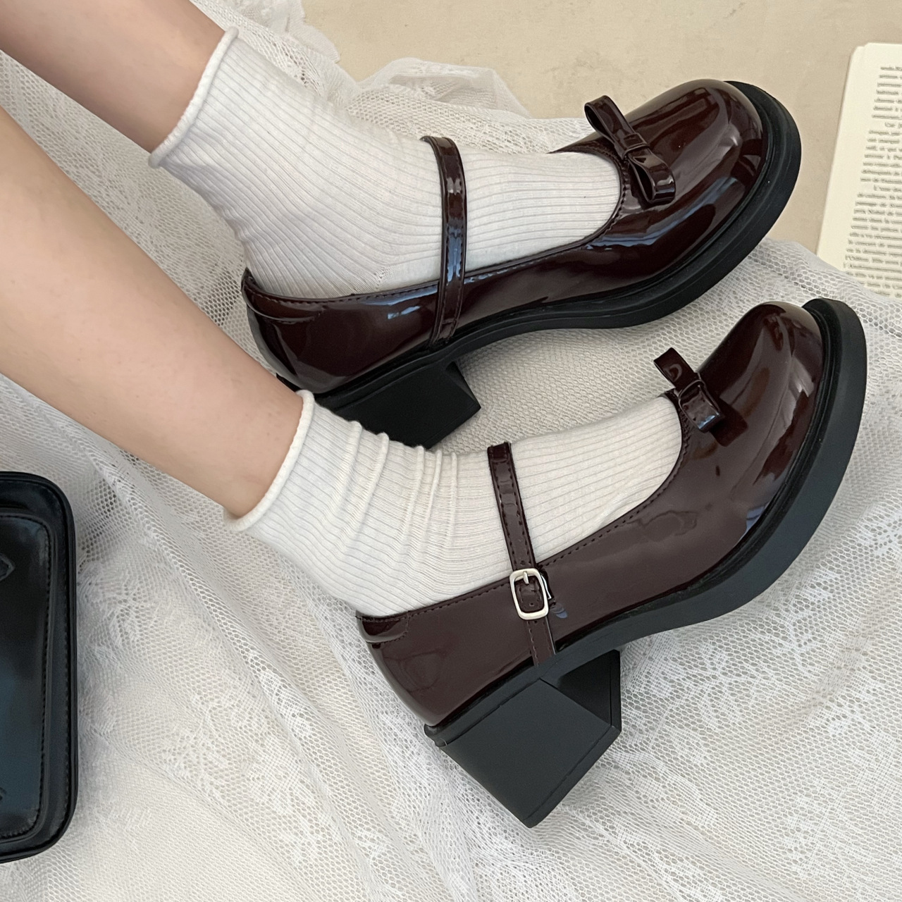 Retro summer brown Mary Jane shoes heels with bow English style