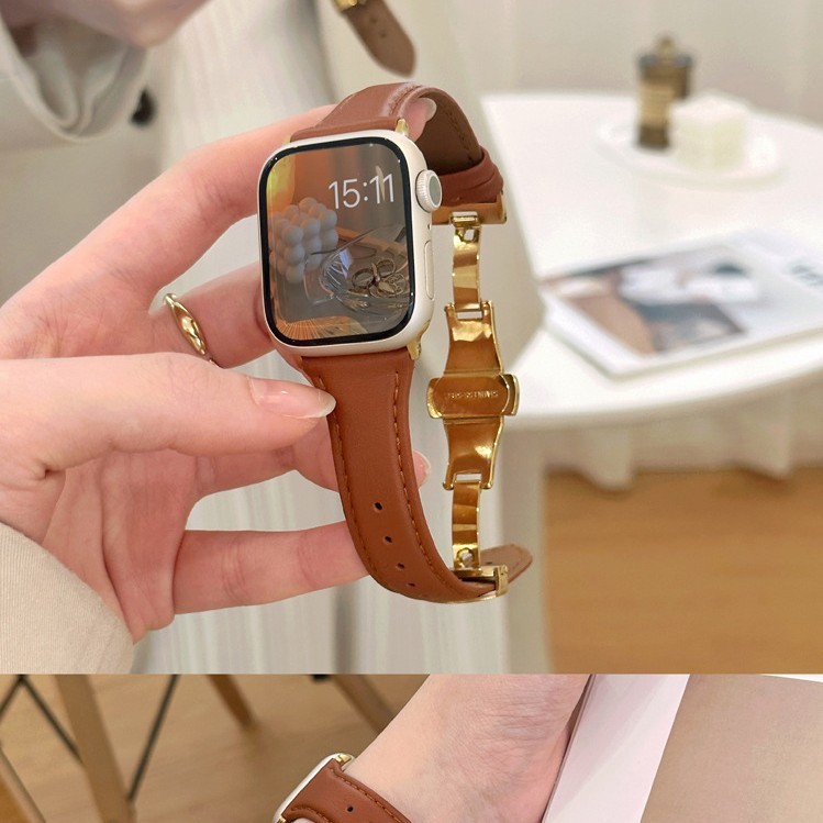 适用苹果手表AppleWatch9表带真皮舒适蝴蝶扣iwatch876543seS10|undefined