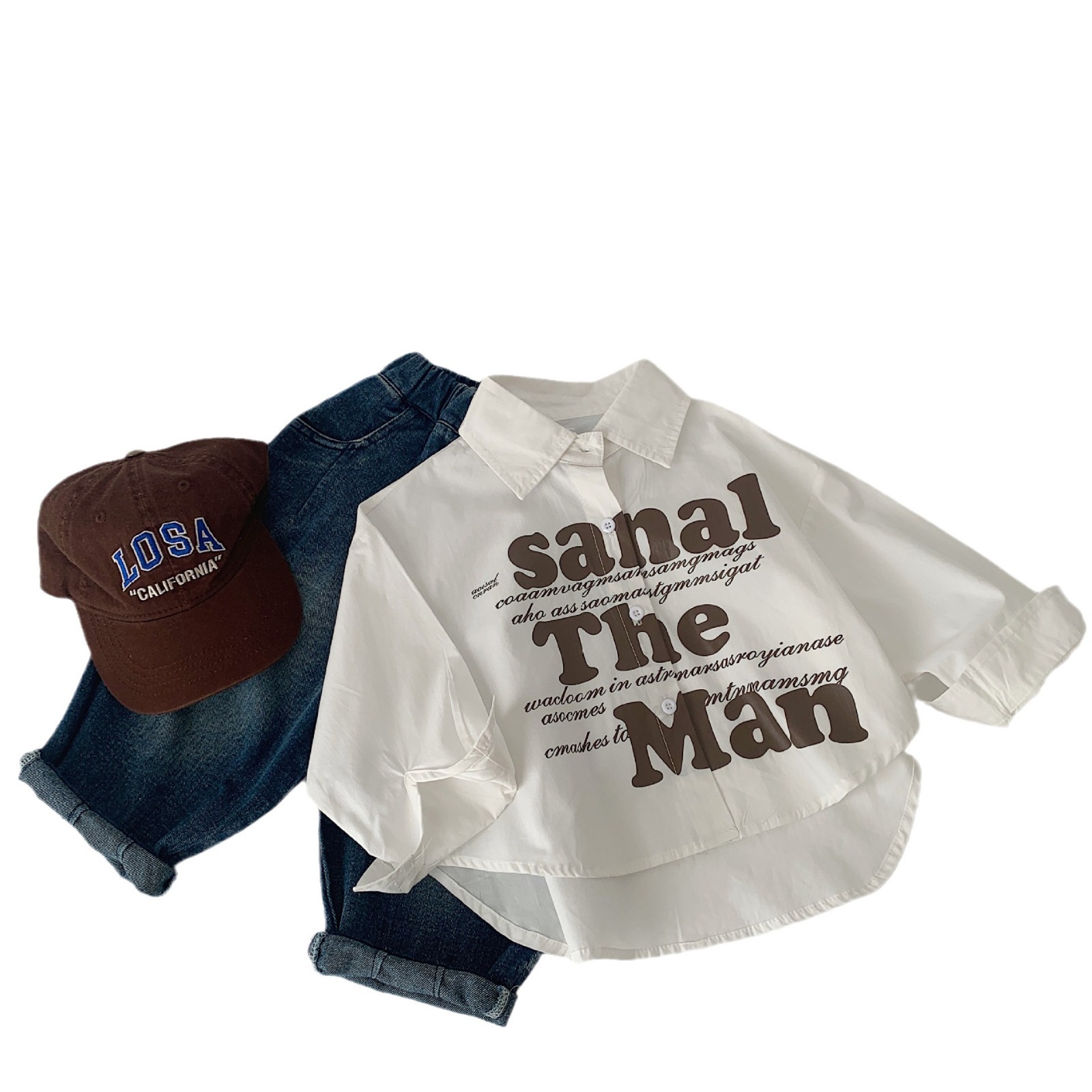 Maibao camisa de los niños 2024 primavera nuevos niños y niñas carta camisa solapa superior cardigan abrigo moda