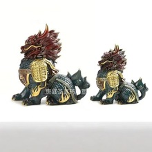 铜麒麟摆件一对纯黄铜踩八卦麒麟公母聚财纳福客厅办公室门口摆件