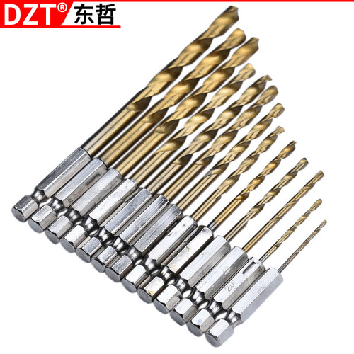 Factory direct selling hexagonal handle 13-piece set titanium-plated high-speed steel opening wood iron sheet plastic reaming twist drill set