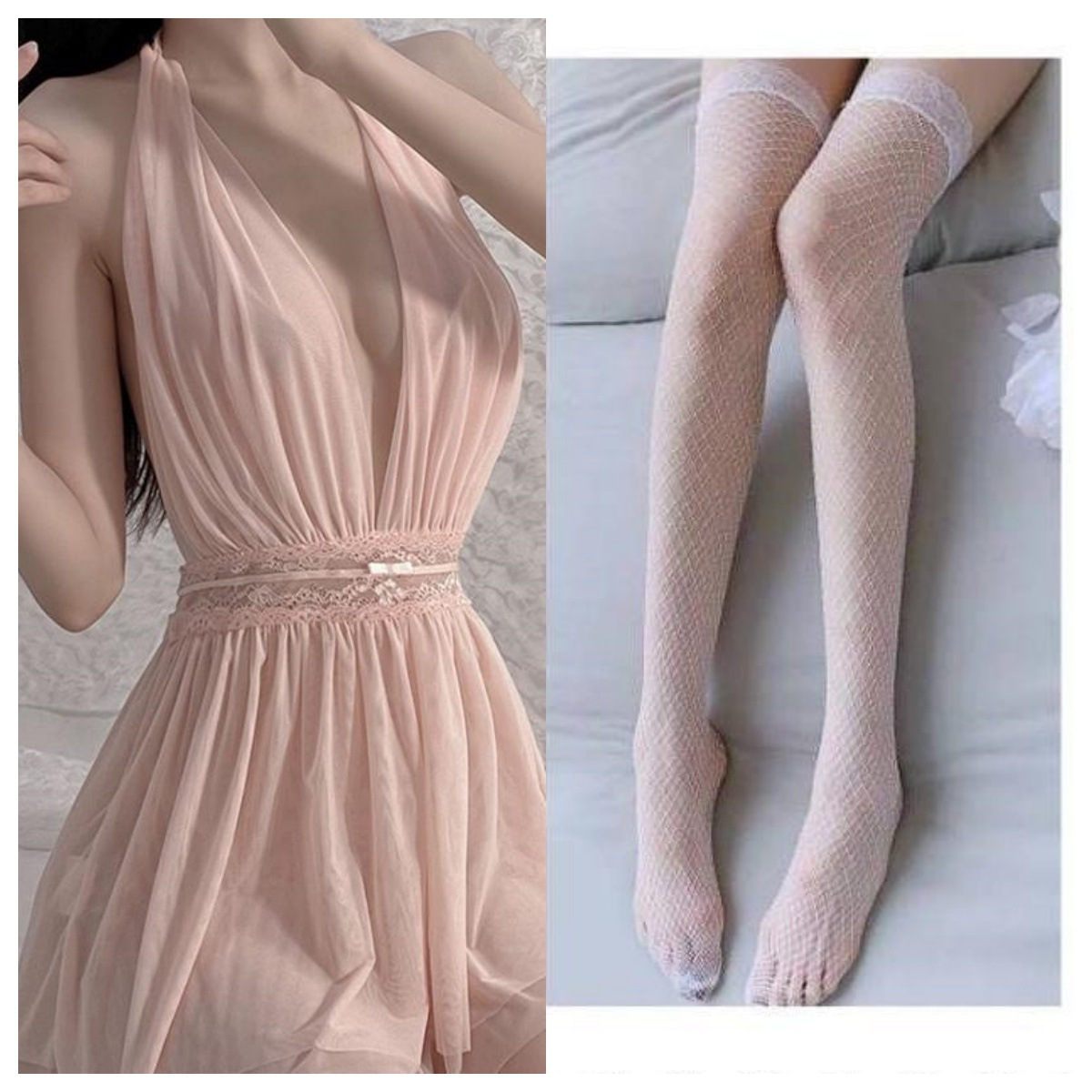 핑크색 잠옷 + 팬티 + 흰색 망사스타킹