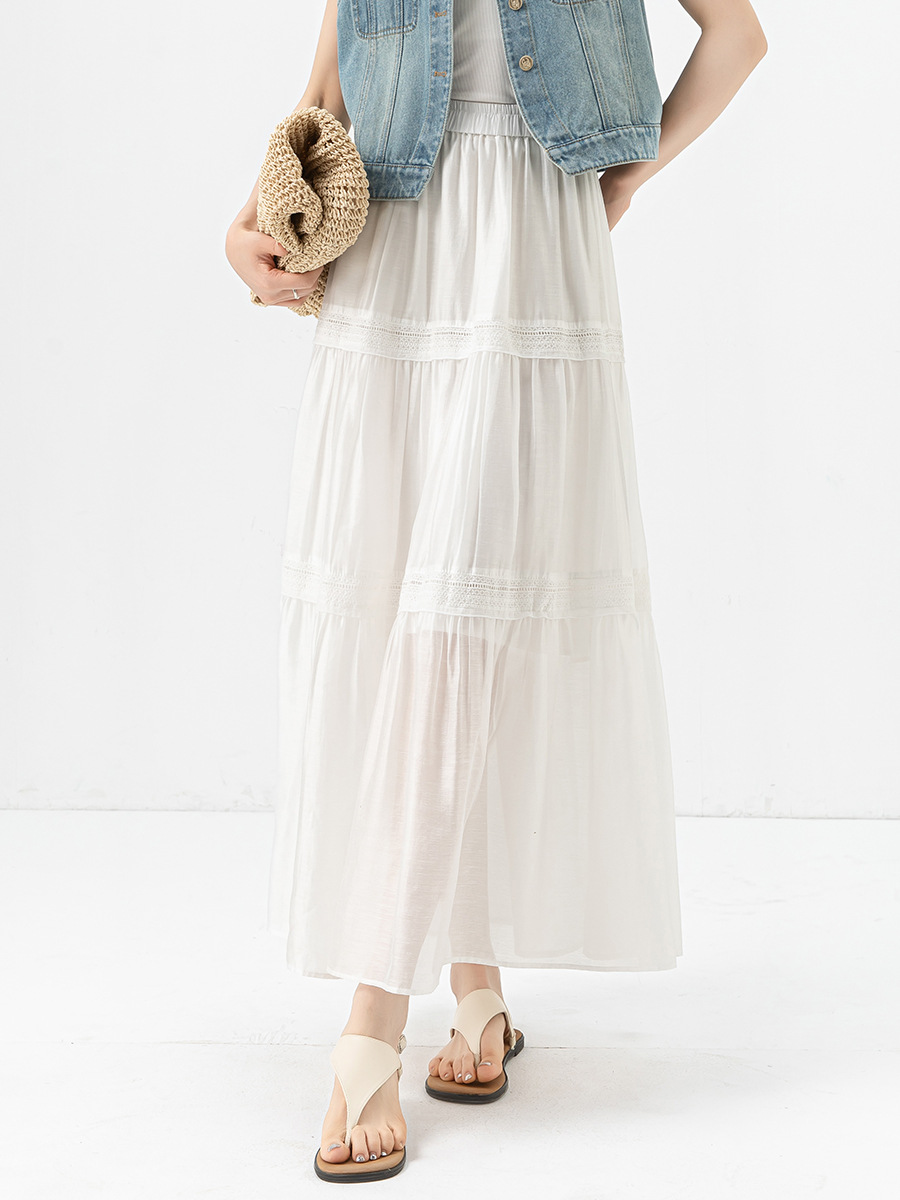 Chân váy chữ A xếp tầng ren phối lưới Tencel linen mỏng mùa hè kiểu Pháp — Màu trắng