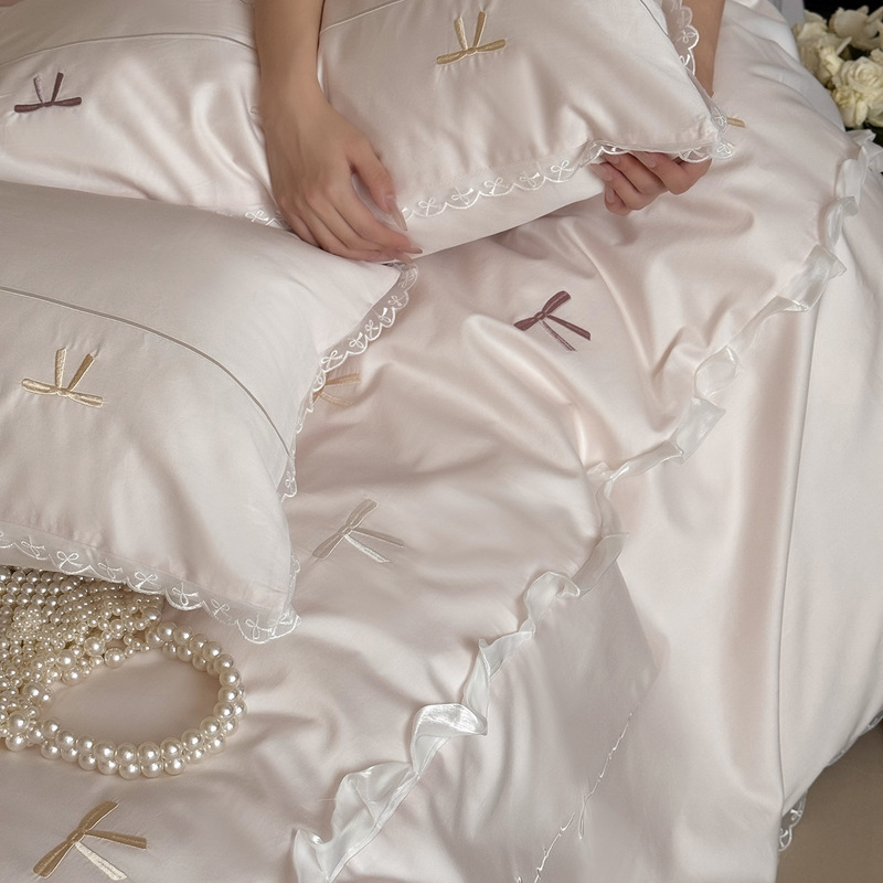 Girly Heart Lace Princess Style 100S Satin Long-Staple Cotton Four-Piece Set Embroidered Pure Cotton Bed Quilt Cover Bed Sheetss