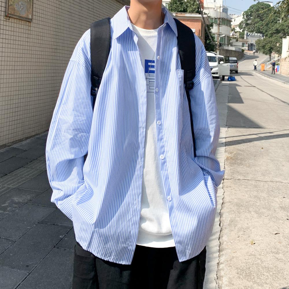 Blue Striped Shirt Men's Long-Sleeve Summer Thin Shirt Japanese Style Handsome Design Niche Hong Kong Style Jacket Trendy