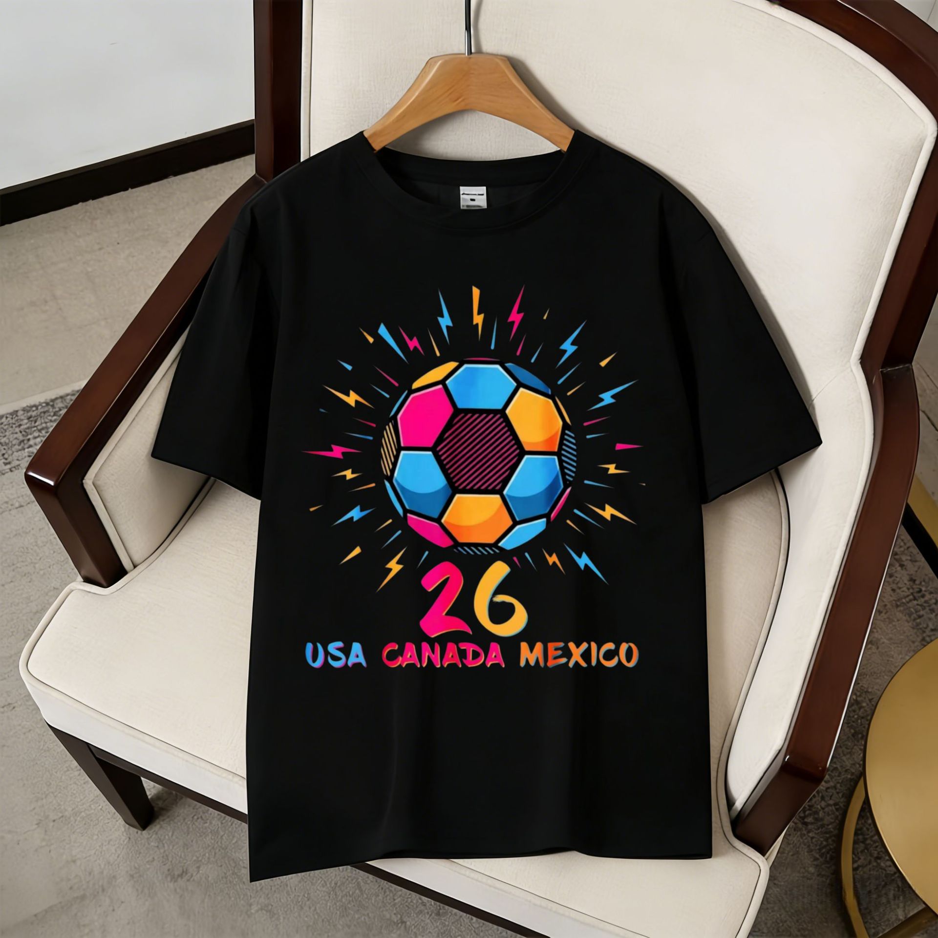2026 World Cup Theme US-Canada-Mexico Lightning Football Printing Short Sleeve Fan Commemorative T-Shirt_viptrois.com
