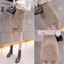 千鸟格子毛呢半身裙秋冬包臀裙中长款不规则高腰显瘦单排扣一步裙