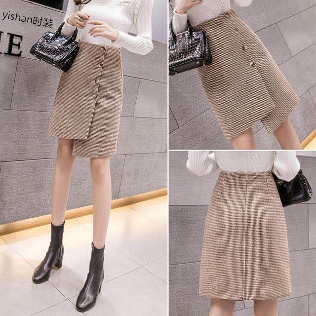 千鸟格子毛呢半身裙秋冬包臀裙中长款不规则高腰显瘦单排扣一步裙