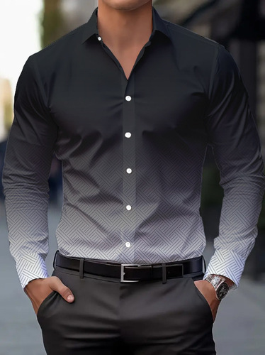 Men's Casual Long-Sleeve Printed Shirt Spring and Autumn Popular Gradient Color Comfortable Breathable Collar-Up Top