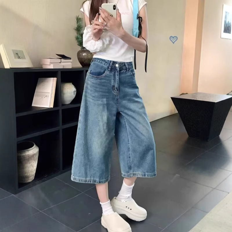 American Retro Cropped Denim Shorts for Women, Summer Washed Vintage Straight-Leg Mid-Length Loose Wide-Leg Pants