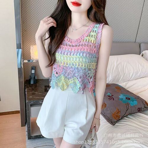 Dopamine Resort Style Hollow Crochet Flower Knitted Camisole Women's New Sweet & Spicy Slim-fit Short Vest Top