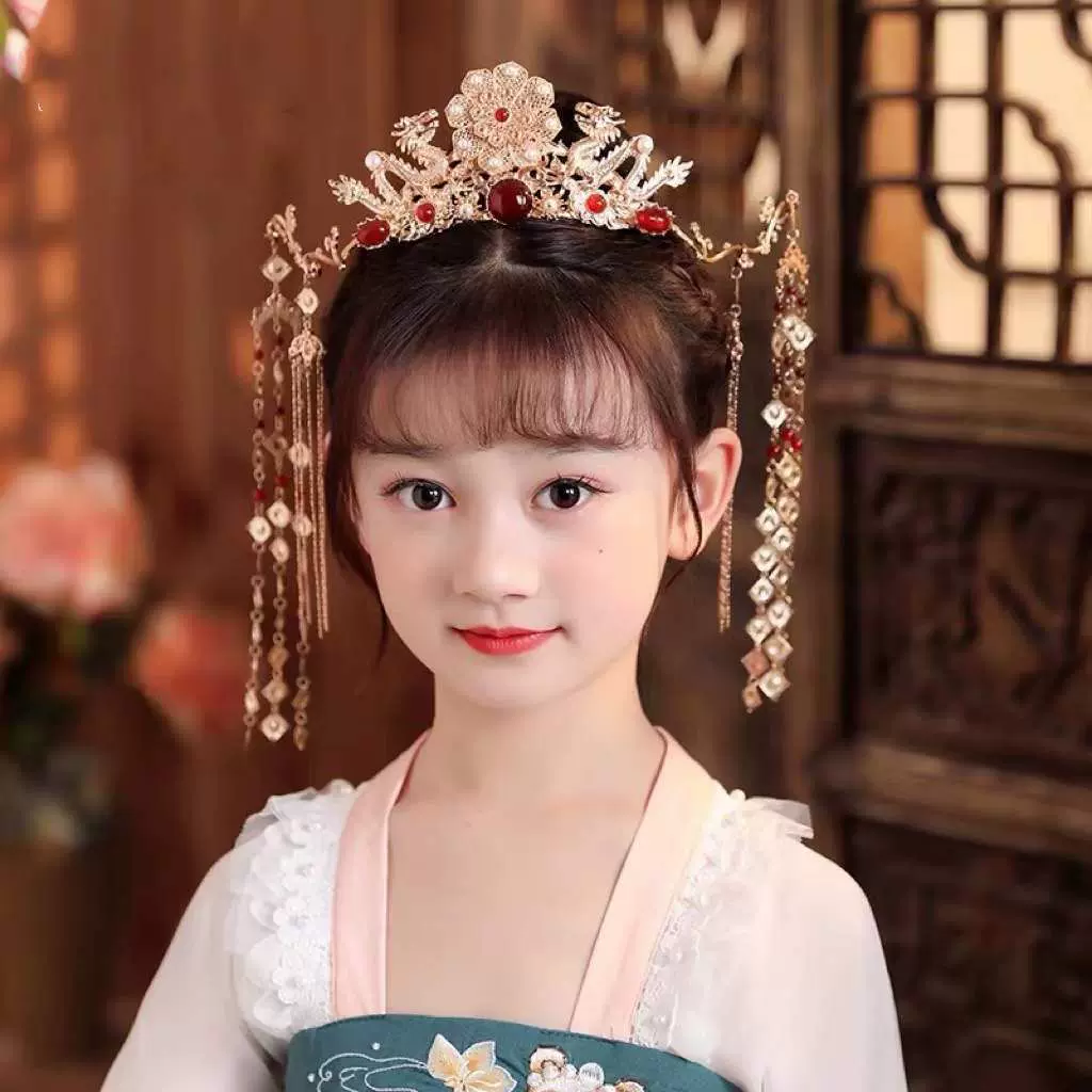 厂家直销儿童汉服元素头饰古风唐风发冠流苏仙气发饰演出古装发饰