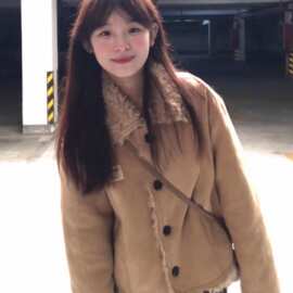 复古加绒加厚麂皮棉衣外套女冬季2025新款小个子翻领保暖短款上衣