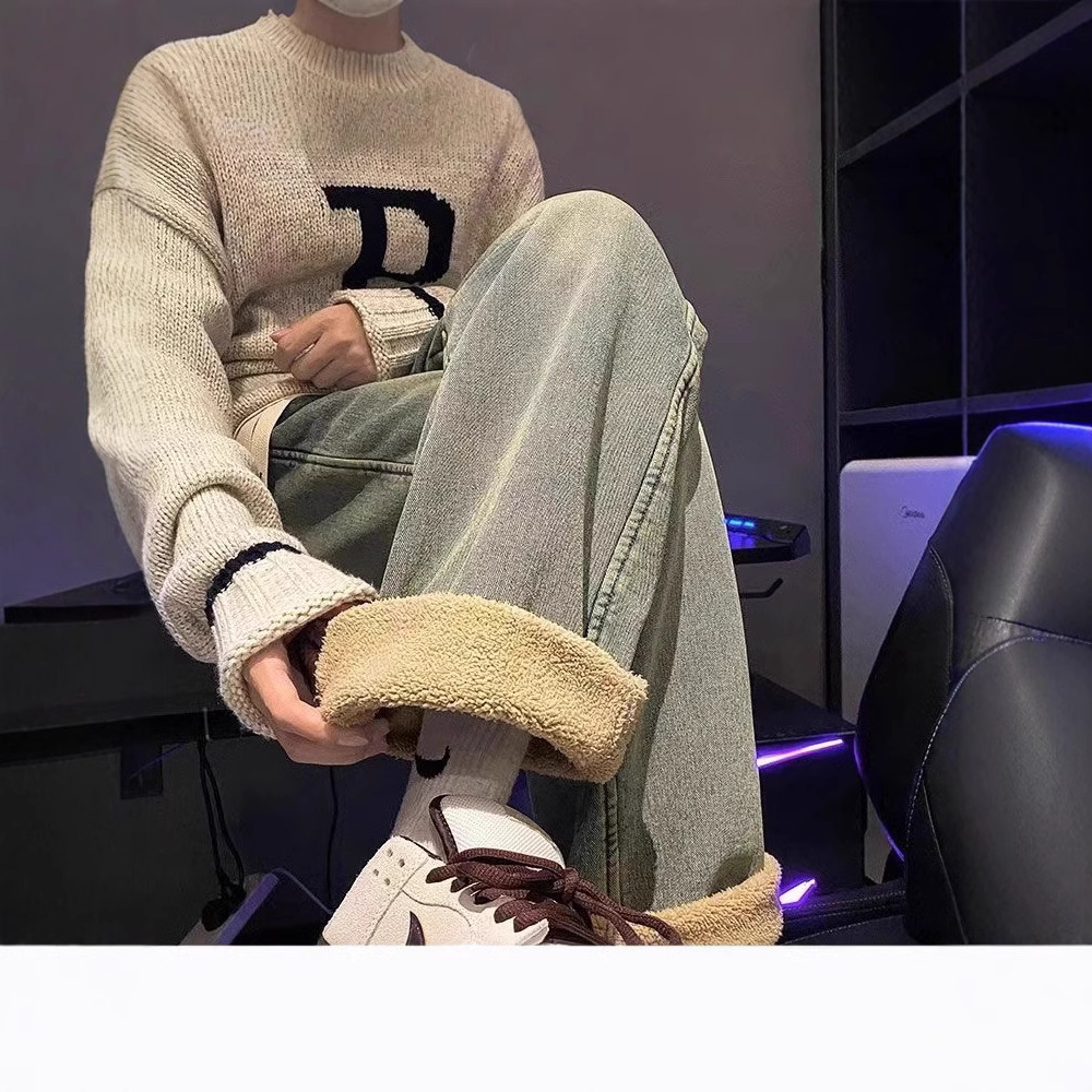 Autumn and Winter Lamb Fleece Jeans Men's Straight-leg Loose American Style Trendy Brand Men's Pants fleece-lined Thickened Pants Casual Trousers