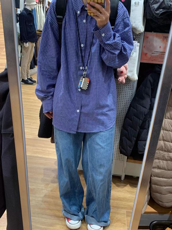 美式复古格纹衬衣蓝色慵懒风长袖衬衫男女春秋季百搭宽松格子外套|undefined