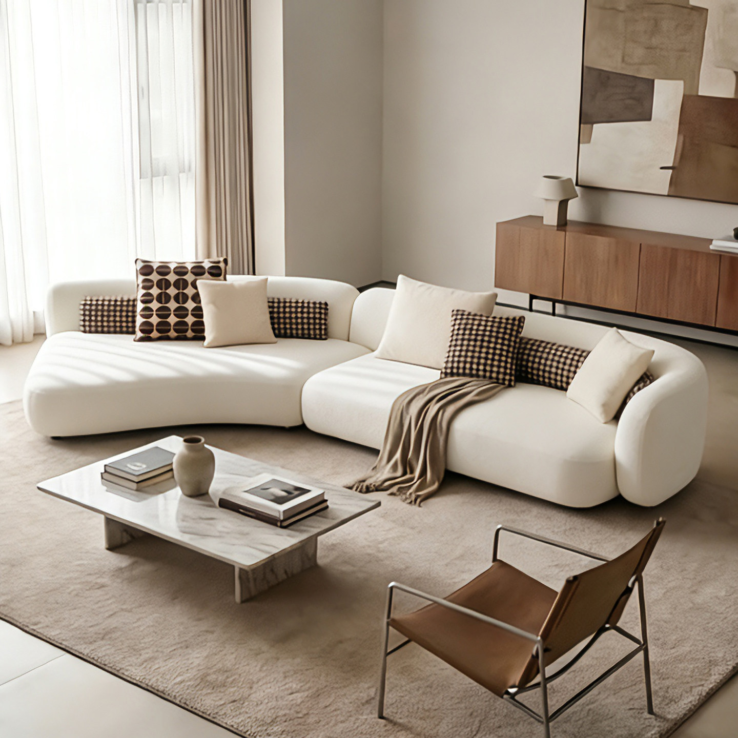 Moderno simple blanco arco VIP sofá pequeño tipo gran sala de estar crema viento sin reposabrazos sofá de tela de forma especial