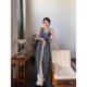 French Style Floral V-neck Sling dress Women's Summer Sweet Spice Dress Blue Retro Elegant Split Long Dress