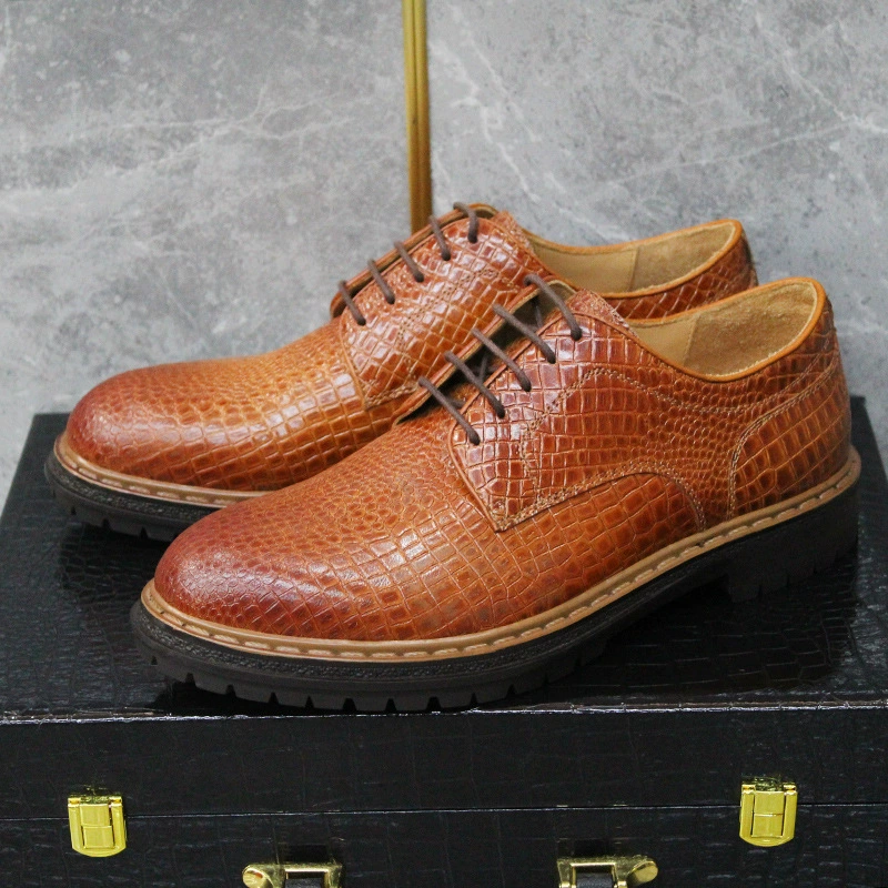 Осенние и зимние новые наружные рабочие туфли с большой головой кожаные туфли из кожи крокодила с толстым дном увеличены ретро повседневная мужская обувь на шнуровке