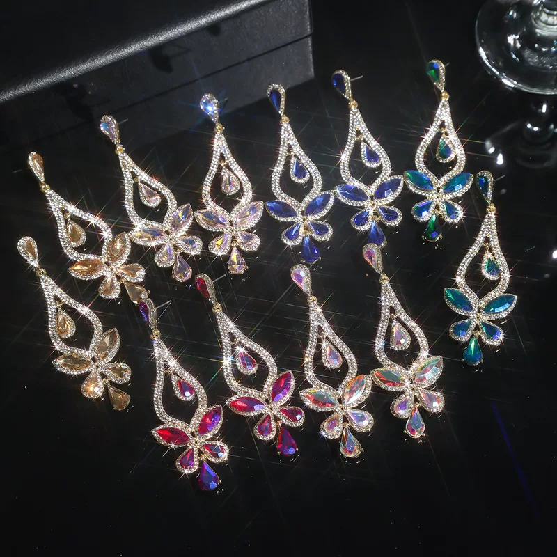 European and American cross -border luxury temperament glass rhinestone ears women with exaggerated water drop earrings earrings earrings