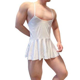Clever-Menmode Men's Sexy Nightgown Transvestite Pure Desire Temptation Adjustable Suspender Backless Dress