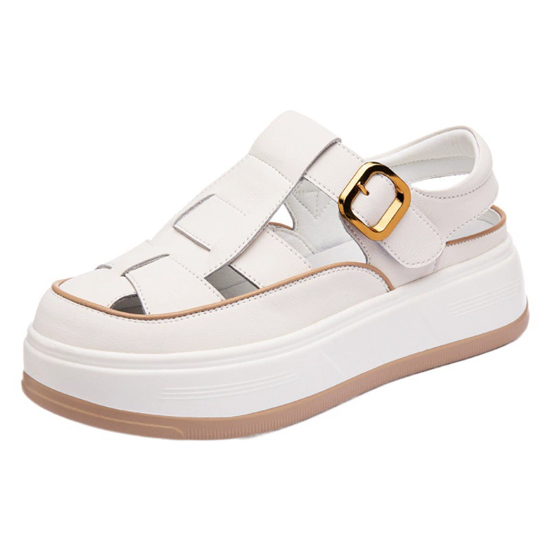 Римские туфли на толстой подошве, женские летние новые сандалии из натуральной кожи в стиле ретро с закрытым носком, Универсальные женские туфли, 2023