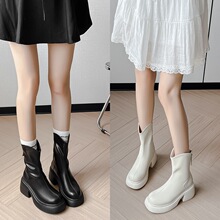 白色V口短靴女后拉链高跟骑士靴2025秋冬新款厚底增高弹力瘦瘦靴