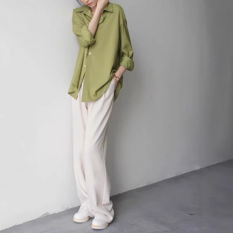 JOJOZ Fruit Green Long Sleeve Loose Shirt White Not Wrinkled Metal Button Chic Top Women's 25 Years Spring JOJOZ Fruit Green Long Sleeve Loose Shirt White Not Wrinkled Metal Button Chic Top Women's 25 Years Spring