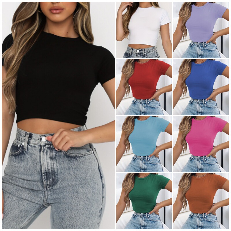 2025 Amazon European and American Summer Casual Solid Color Short Crop Top Rayon Slim Fit Round Neck T-Shirt Women's Clothing 2025 Amazon European and American Summer Casual Solid Color Short Crop Top Rayon Slim Fit Round Neck T-Shirt Women's Clothing