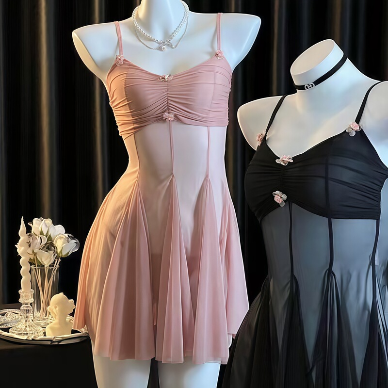 Tiktok Trending Sexy Lingerie Camisole Sheer Nightdress Hot Thin No-Take-Off Pajamas Small Chest Uniform 613