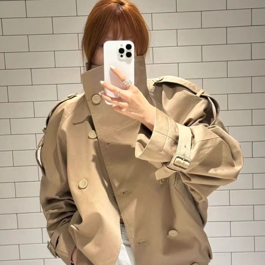 Asymmetrical Collar Double-Breasted Hem Pleated Melard Style Short Trench Coat for Women 2025 Autumn New Jacket Trendy