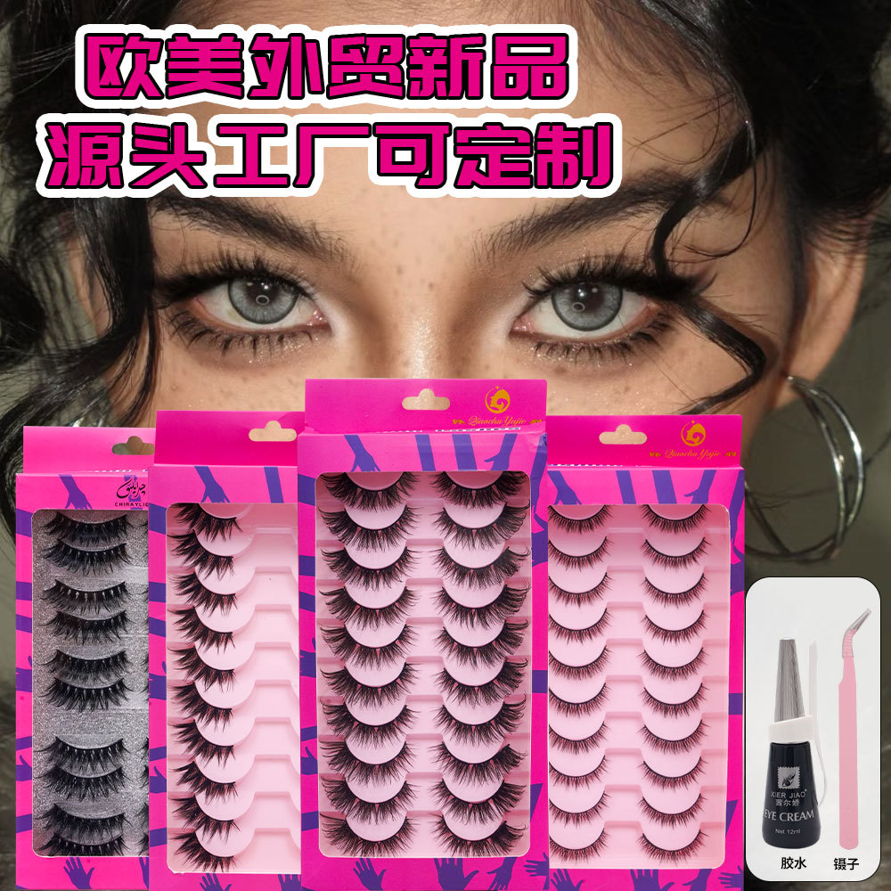 suministro transfronterizo diez pares de paquetes europeos, estadounidenses, tailandeses, pequeños demonios 3D, pestañas falsas, pestañas duras naturales, fabricantes de pestañas
