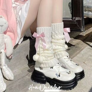 Cute Lolita Leg Cover Japanese Spring and Autumn Knitted Bow Socks Jk White Soft Girl Stocking with Fur Ball