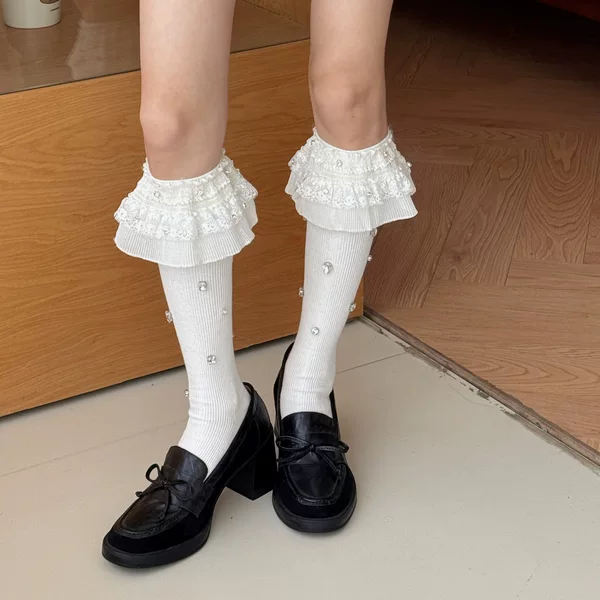 Autumn and Winter Sweet Girl White Lace Socks Women's Lolita Princess Socks Full Diamond Calf Cotton Socks Mid-Calf Stockings