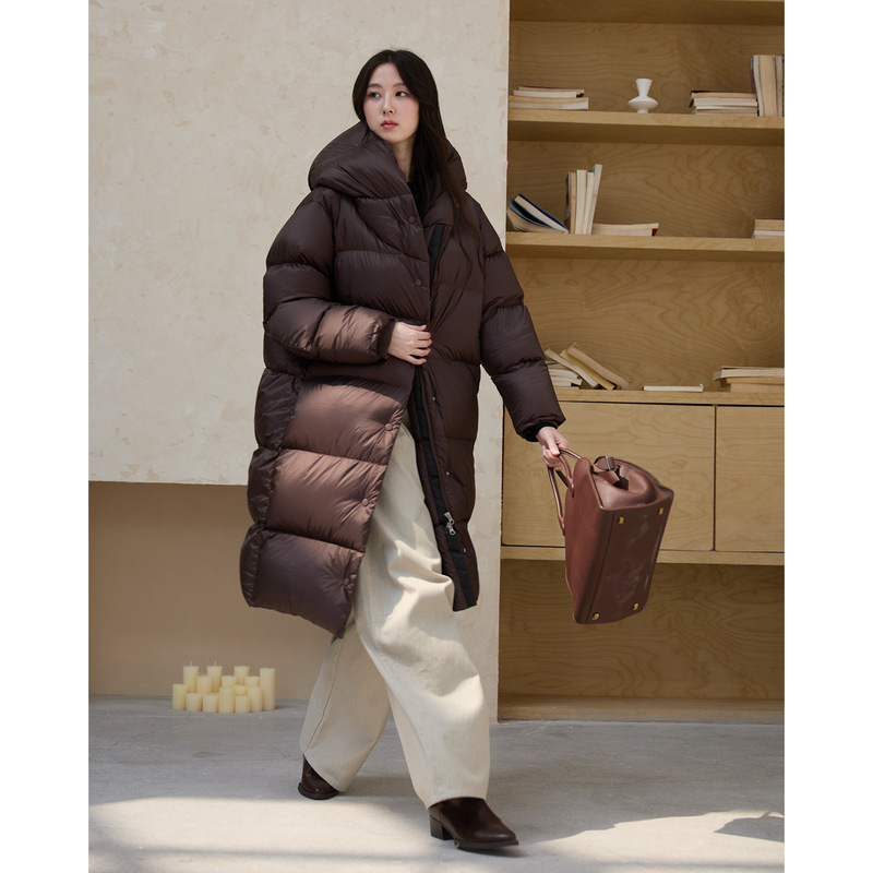 Hooded Puff Long down Jacket Women's 25Ss Autumn and Winter Thickened Warm Soft Lightweight 90 White Goose down Parka Jacket