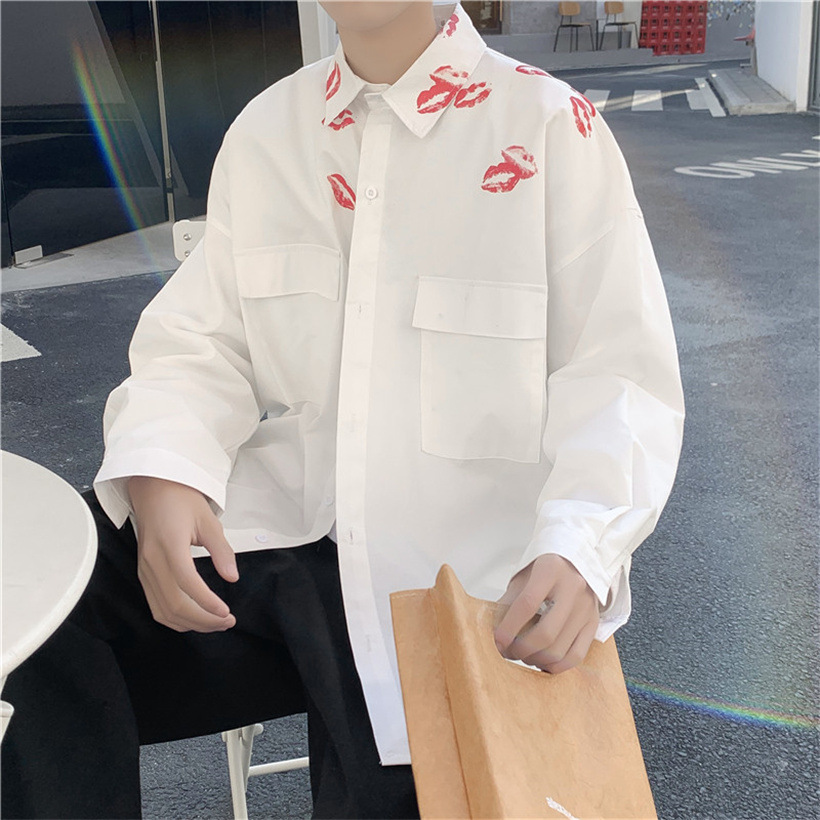 Lápiz labial impreso cityboy camisa blanca diseño de los hombres sentido nicho pareja abrigo marca de moda ins camisa chic interior