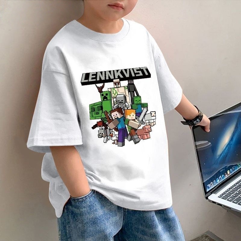 男の子の新しい純綿半袖Tシャツ夏子供用Minecraftコレクションプリントルーズ中型および大型子供用トップストレンディ|undefined
