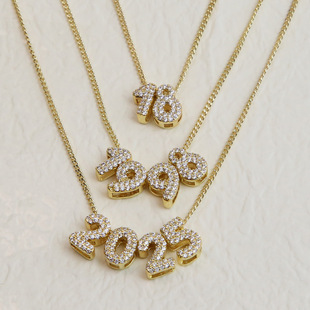 2025 cross-border hot sale brass 18k zircon diy accessories year 0-9 digital combination with small pendant necklace