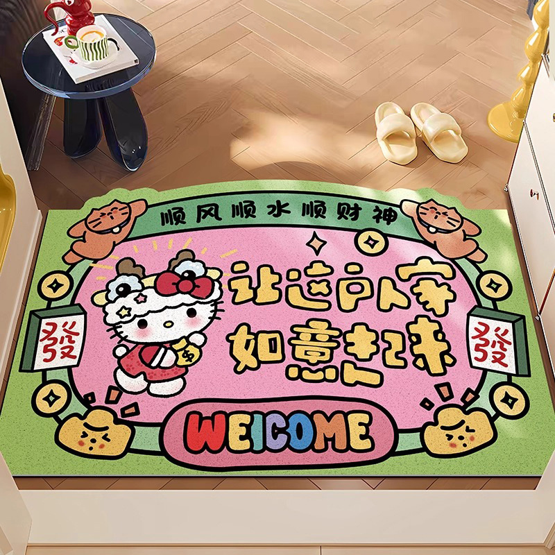 漫画ハローキティワイヤーフープフロアマット、お手入れ簡単、カット可能なPVCドアマット、滑り止め、汚れ防止、耐摩耗性、防塵フットマット|undefined