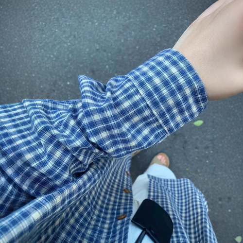 Blue Grid Long-Sleeve Women's Shirt Spring Summer Autumn Sun Protection Top Casual Loose Matchable Top Thin Jacket