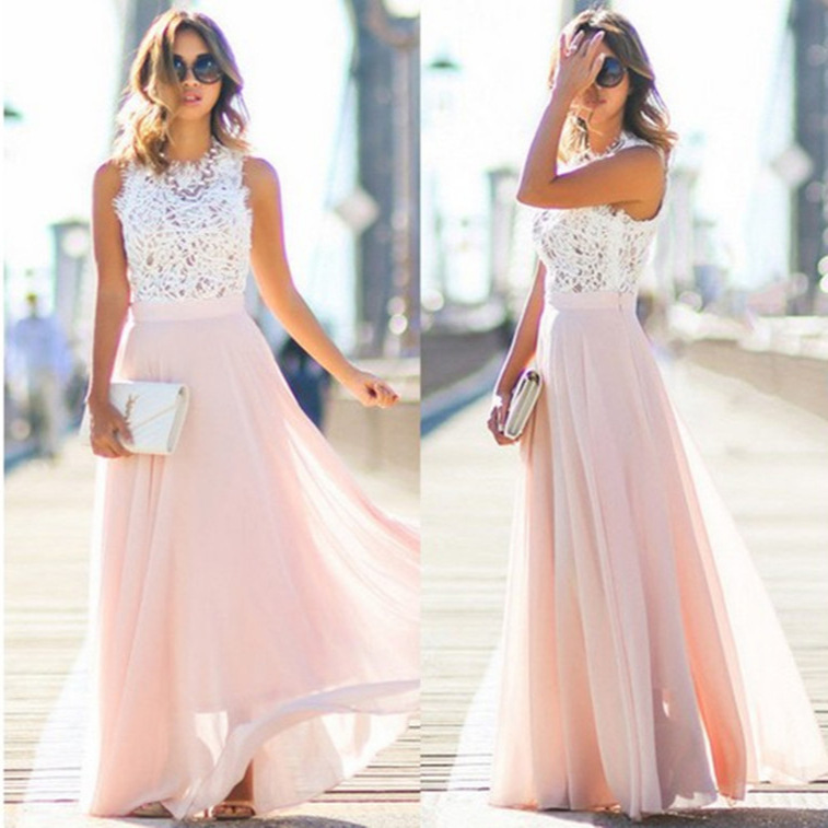 European and American new lace stitching chiffon long dress dress 5 colors 6 yards in stock European and American new lace stitching chiffon long dress dress 5 colors 6 yards in stock
