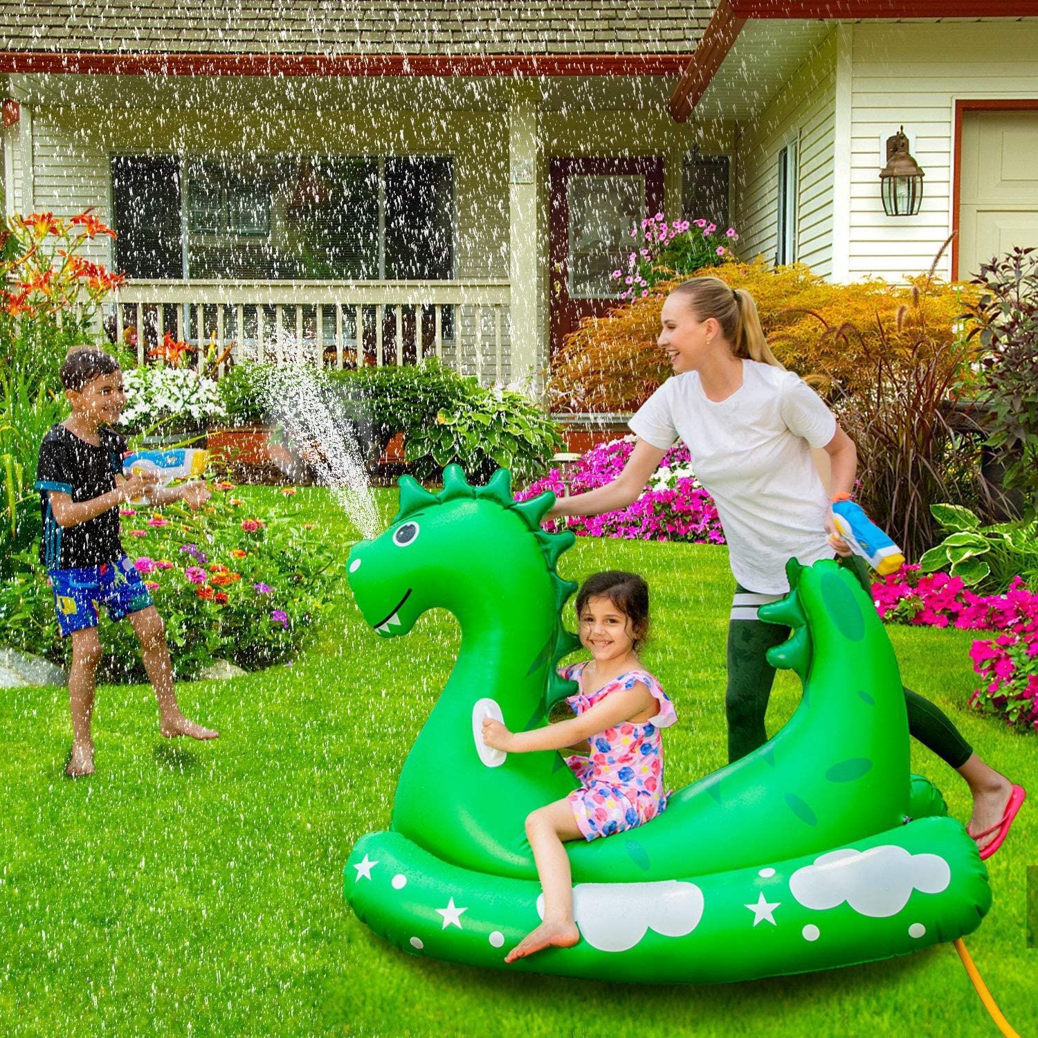 跨境新款 充气绿色恐龙喷水木马 户外儿童戏水恐龙喷水摇摇椅坐骑
