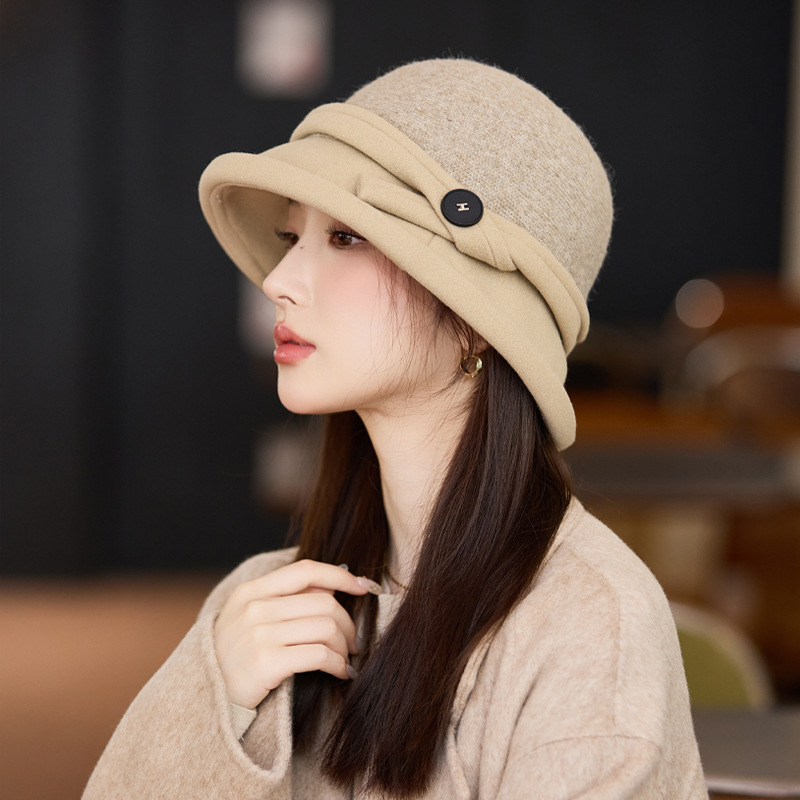 韩版秋冬季帽子女款时尚百搭大头围保暖盆帽蝴蝶结毛呢气质渔夫帽|undefined