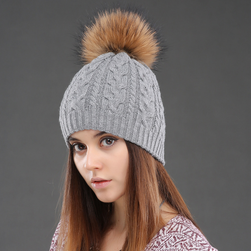 Cappello da donna in lana a doppio strato invernale caldo Fried Dough Twists lavorato a maglia pullover con vero cane procione cappello di lana_voghion.com