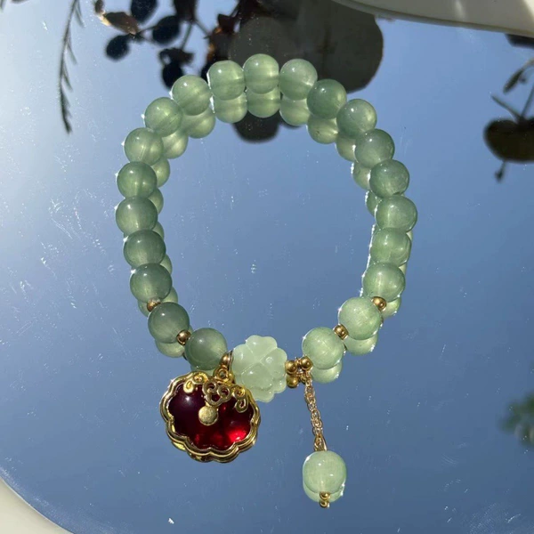 S048-Red Ping An Lock Donglin Jade Beaded Bracelet #SZ348