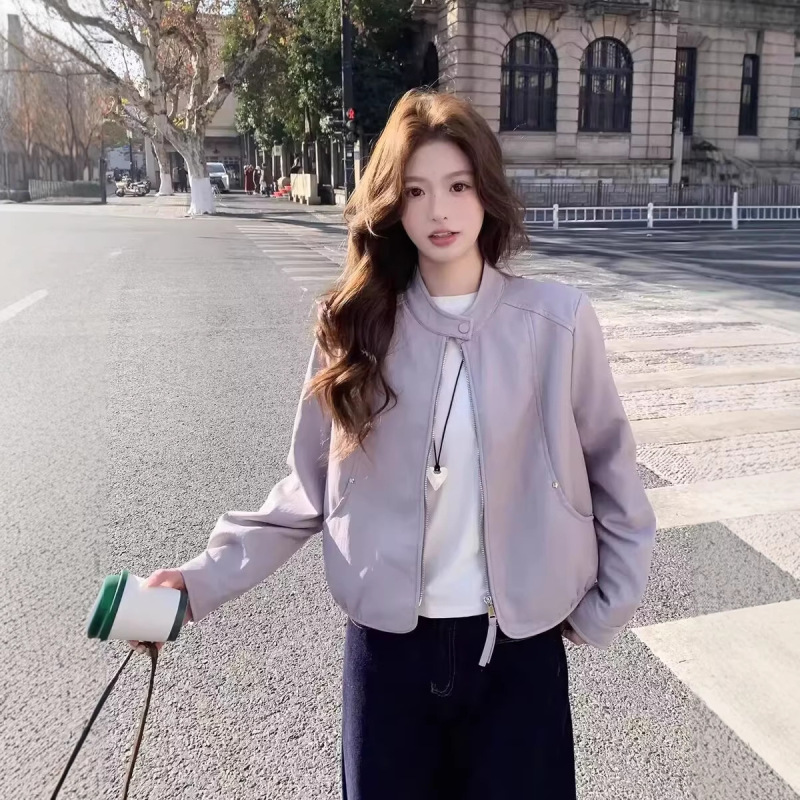 2026 Spring New Korean Style Simple Short Leather Jacket for Women with Stand Collar and Zipper, Versatile Biker Pu Leather Jacket 2026 Spring New Korean Style Simple Short Leather Jacket for Women with Stand Collar and Zipper, Versatile Biker Pu Leather Jacket
