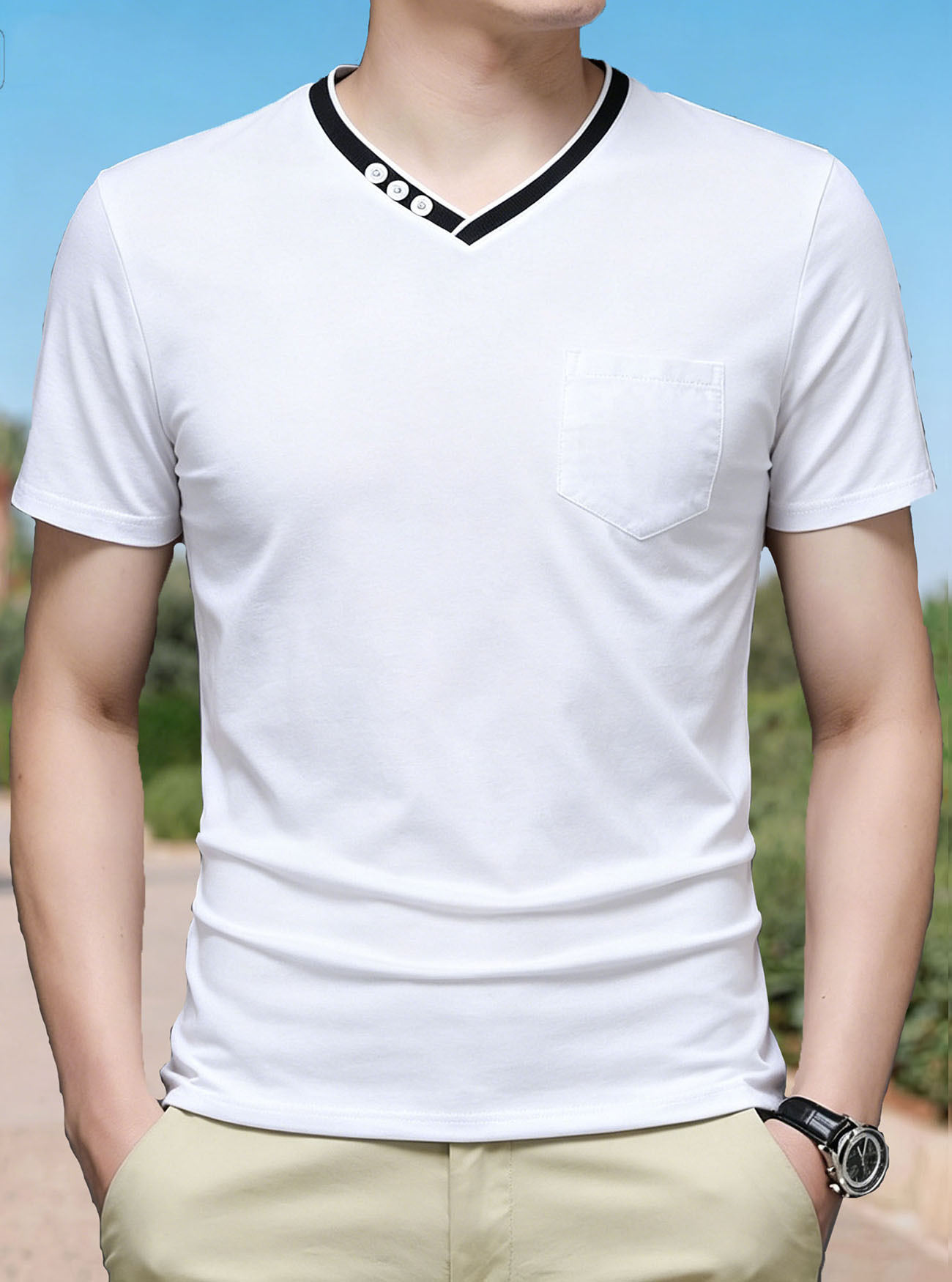 Transfronterizos eBay verano nuevo hombre color contrastante cuello V camiseta delgada grande americano con bolsillo casual deportivo mangas cortas