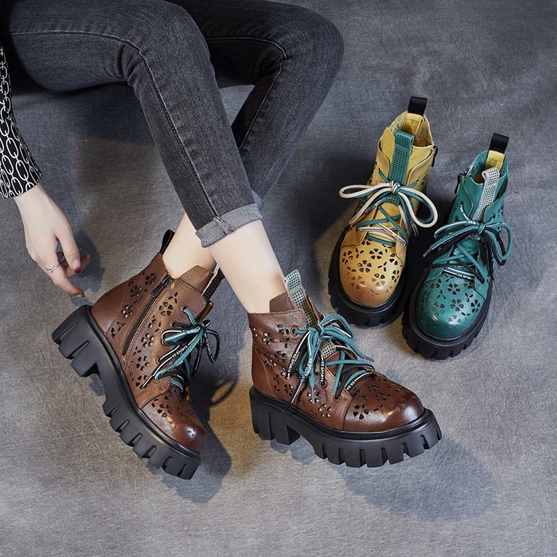 Summer Thick-soled Vintage Martin Boots Women's Lace-up Hollow Thick Heel Ankle Boots Top-layer Cowhide High-top Hole Shoes Sandals