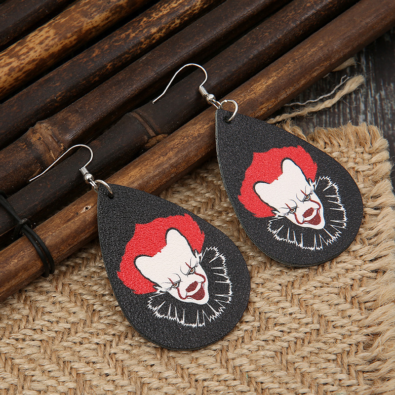 Cross-border New Arrival European And American Style Quirky Red Hair Clown Horror Series Halloween Water Drop Leather Earrings For Women Wholesale display picture 2